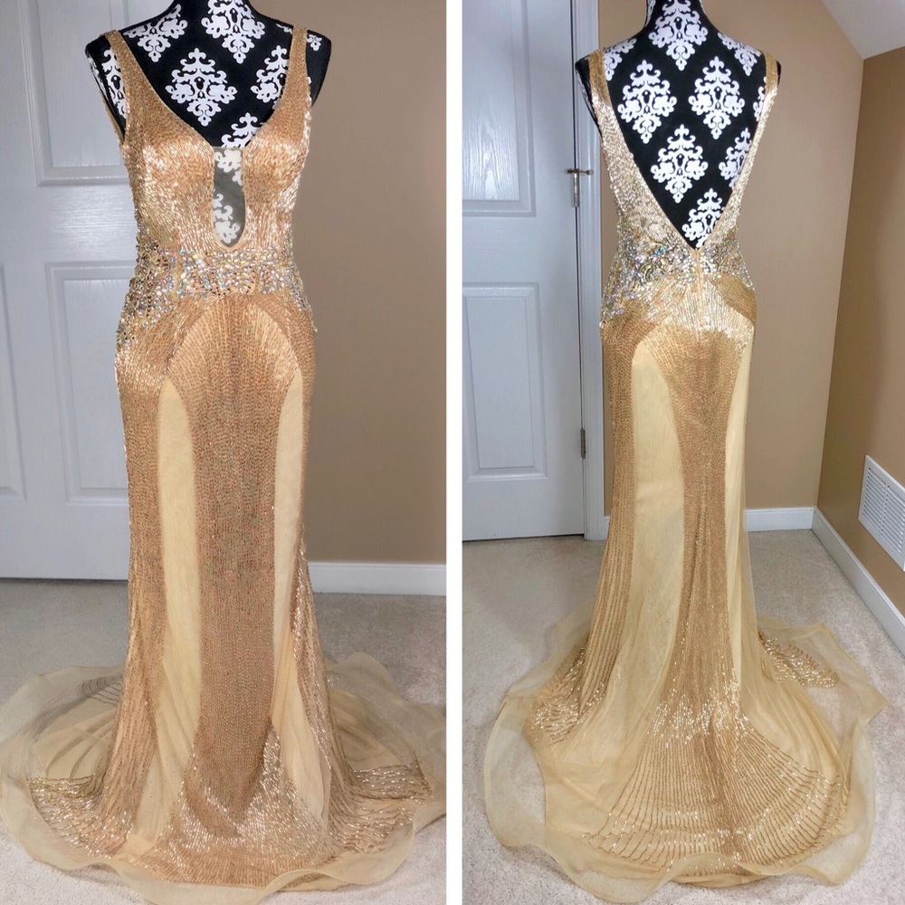 Gold/ Nude Liquid Beaded Jovani Gown